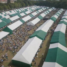 A festive scene filled with many green and white tents, resembling a bustling festival. People are jovially milling around, adding to the lively atmosphere.