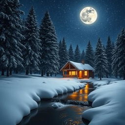 A tranquil night scene featuring a cozy log cabin in the heart of a snowy forest