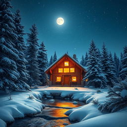 A tranquil night scene featuring a cozy log cabin in the heart of a snowy forest