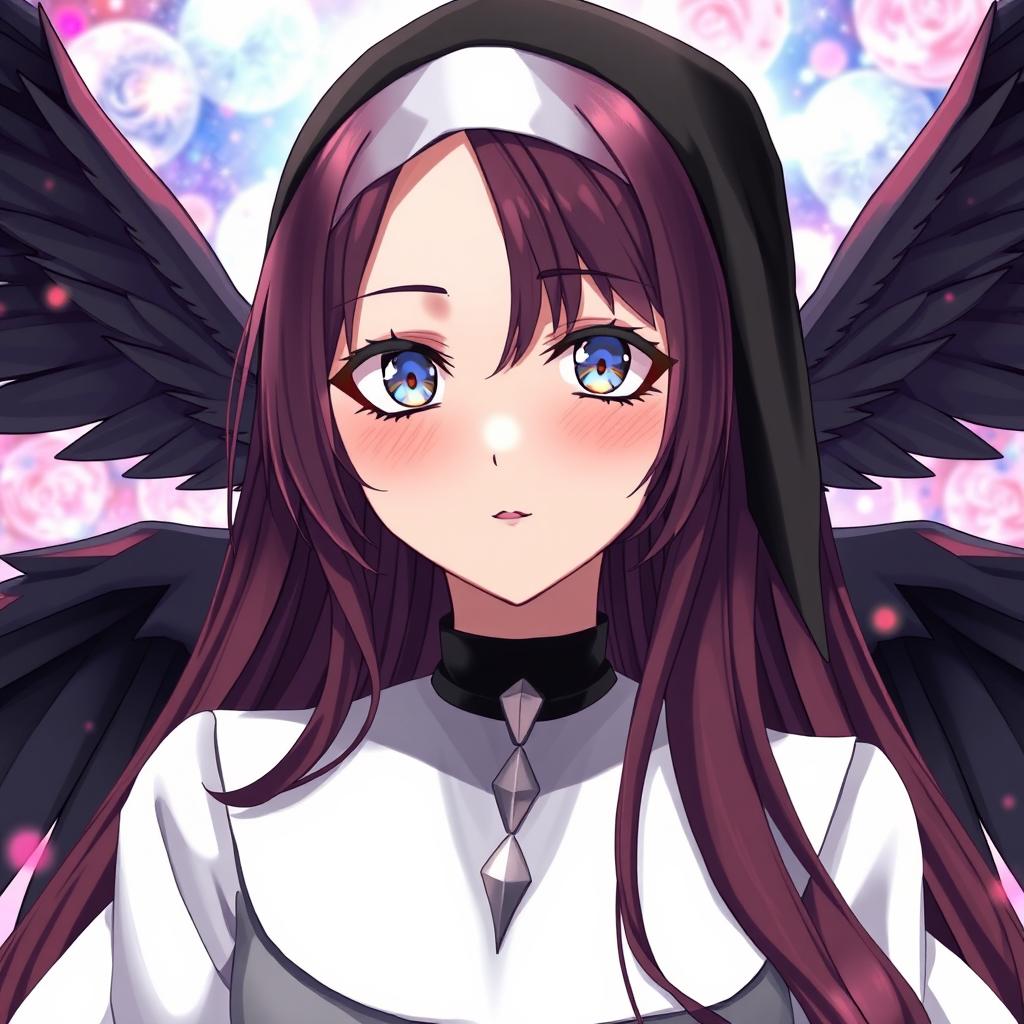 Anime-style nun with striking silver eyes surrounded by black rings around the irises