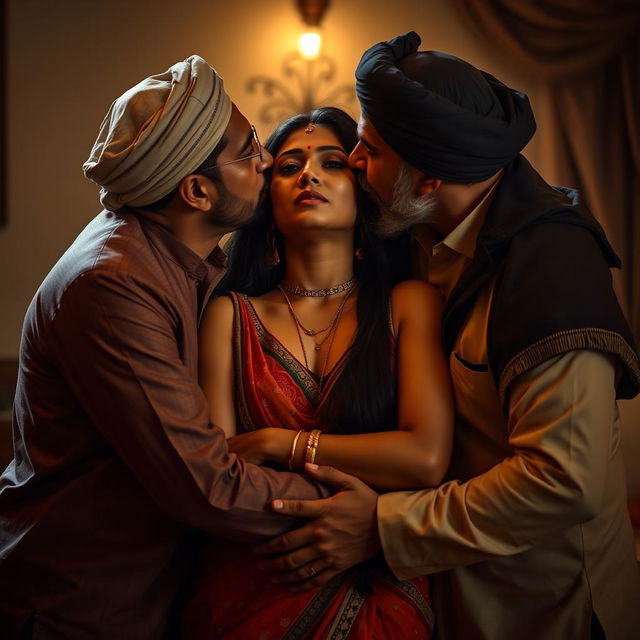 An intense and suggestive scene featuring a captivating Indian woman surrounded by two mature men of Muslim heritage