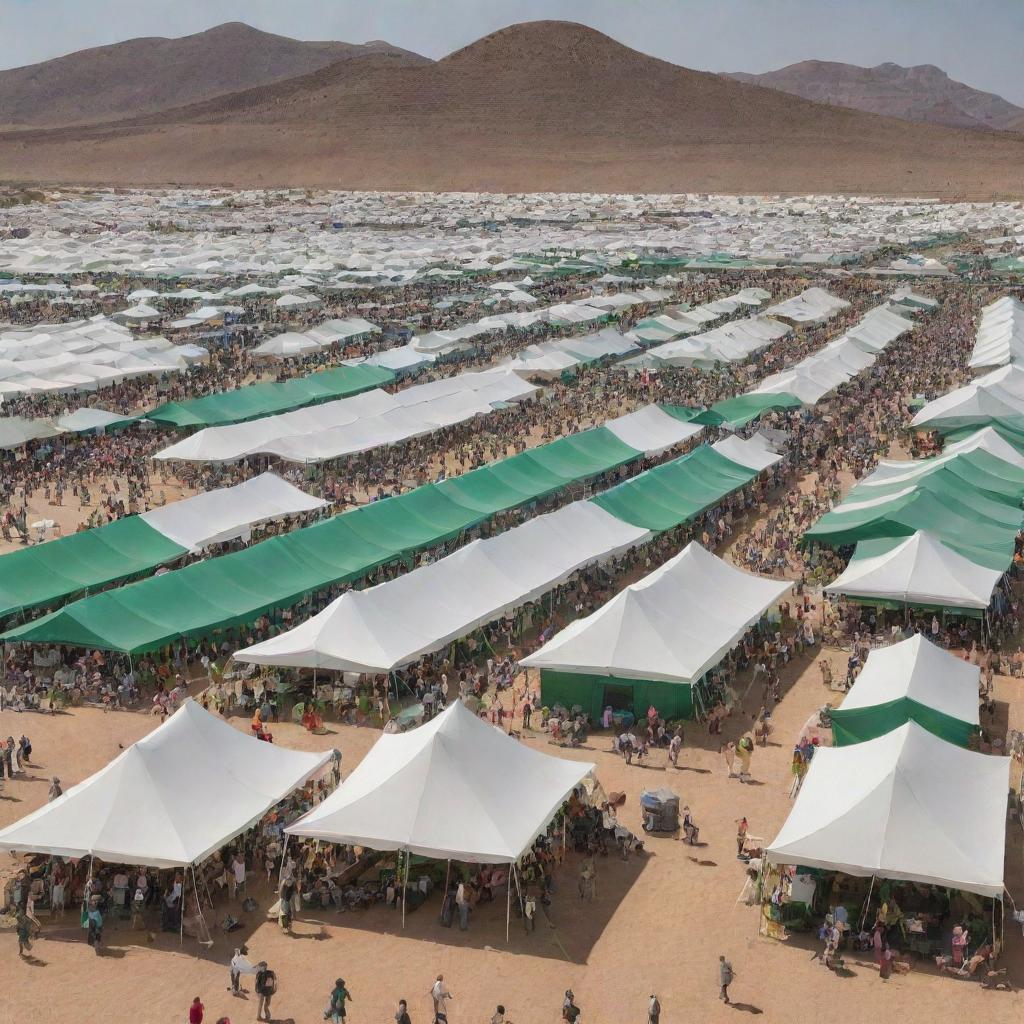 A bustling festival scene set in a desert, featuring numerous green and white tents. People are scattered throughout, exploring and enjoying the vibrant atmosphere.