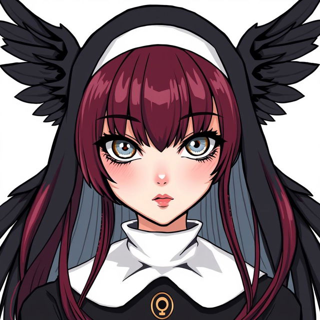 Webtoon-style depiction of a nun with captivating silver eyes, each circled by a bold black ring around the iris