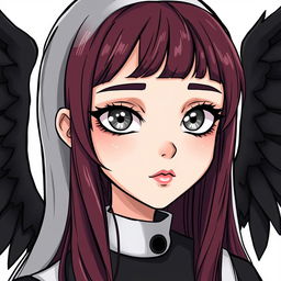 Webtoon-style depiction of a nun with captivating silver eyes, each circled by a bold black ring around the iris