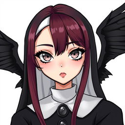 Webtoon-style depiction of a nun with captivating silver eyes, each circled by a bold black ring around the iris