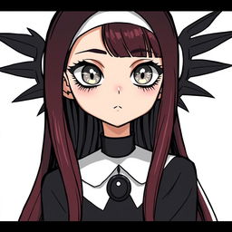 Webtoon-style depiction of a nun with captivating silver eyes, each circled by a bold black ring around the iris