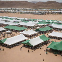 A bustling festival scene set in a desert, featuring numerous green and white tents. People are scattered throughout, exploring and enjoying the vibrant atmosphere.