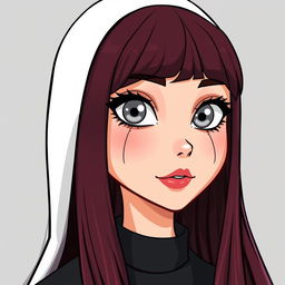 Webtoon-style depiction of a nun with striking silver eyes, highlighted by black rings around the irises