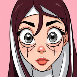 Webtoon-style depiction of a nun with striking silver eyes, highlighted by black rings around the irises