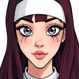 Webtoon-style depiction of a nun with striking silver eyes, highlighted by black rings around the irises