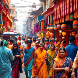 A lively and vibrant Indian street scene showcasing bustling activity and colorful surroundings