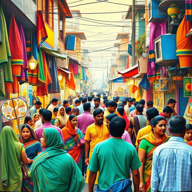 A lively and vibrant Indian street scene showcasing bustling activity and colorful surroundings