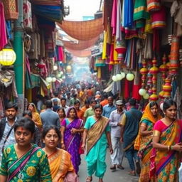 A lively and vibrant Indian street scene showcasing bustling activity and colorful surroundings