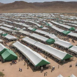 A bustling festival scene set in a desert, featuring numerous green and white tents. People are scattered throughout, exploring and enjoying the vibrant atmosphere.