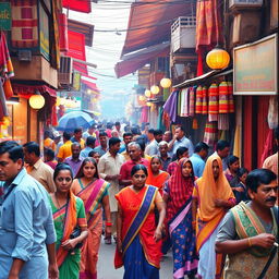 A lively and vibrant Indian street scene showcasing bustling activity and colorful surroundings