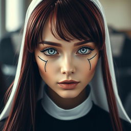 A modern portrayal of a nun, featuring stunning silver eyes accentuated with black rings around the irises