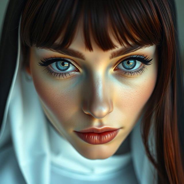 A modern portrayal of a nun, featuring stunning silver eyes accentuated with black rings around the irises