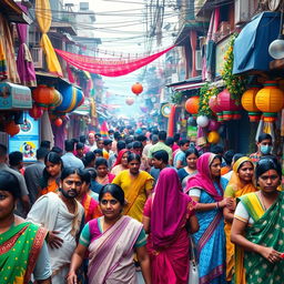 A lively and vibrant Indian street scene showcasing bustling activity and colorful surroundings