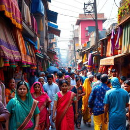 A lively and vibrant Indian street scene showcasing bustling activity and colorful surroundings