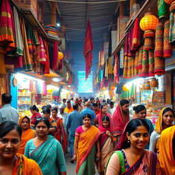 A lively and vibrant Indian street scene showcasing bustling activity and colorful surroundings