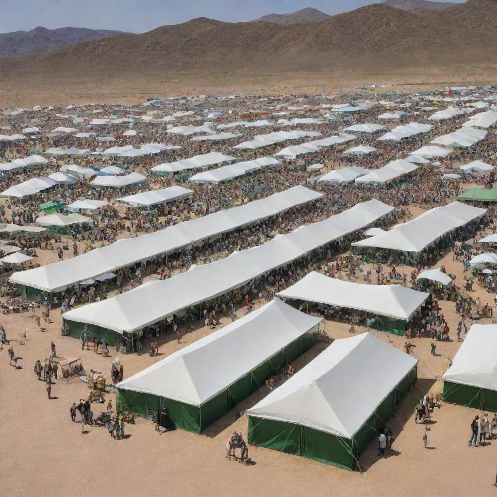 A bustling festival scene set in a desert, featuring numerous green and white tents. People are scattered throughout, exploring and enjoying the vibrant atmosphere.