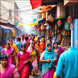 A lively and vibrant Indian street scene showcasing bustling activity and colorful surroundings