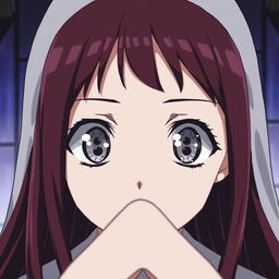 Anime-style depiction of a nun viewed from a slight distance, showcasing her enchanting silver eyes with distinctive black rings around each iris