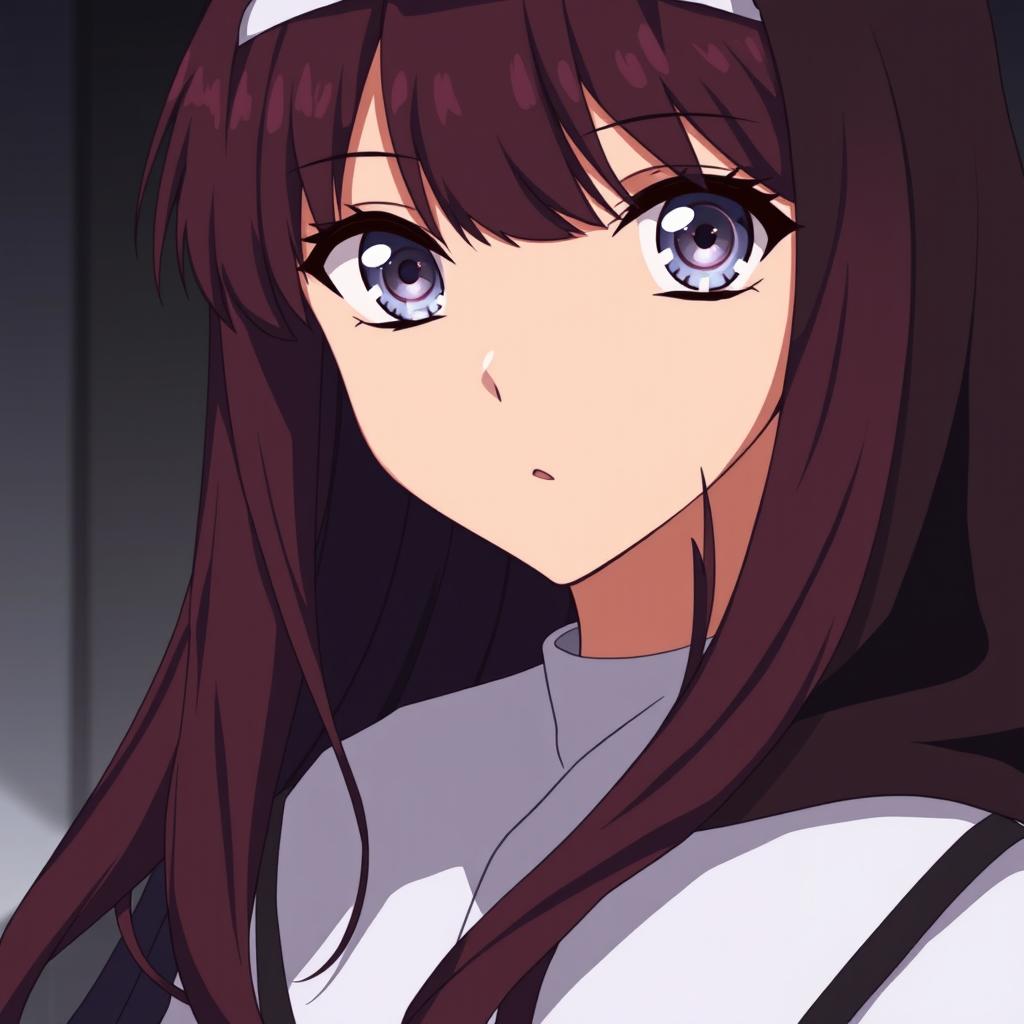 Anime-style depiction of a nun viewed from a slight distance, showcasing her enchanting silver eyes with distinctive black rings around each iris