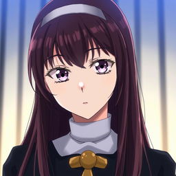 Anime-style depiction of a nun viewed from a slight distance, showcasing her enchanting silver eyes with distinctive black rings around each iris