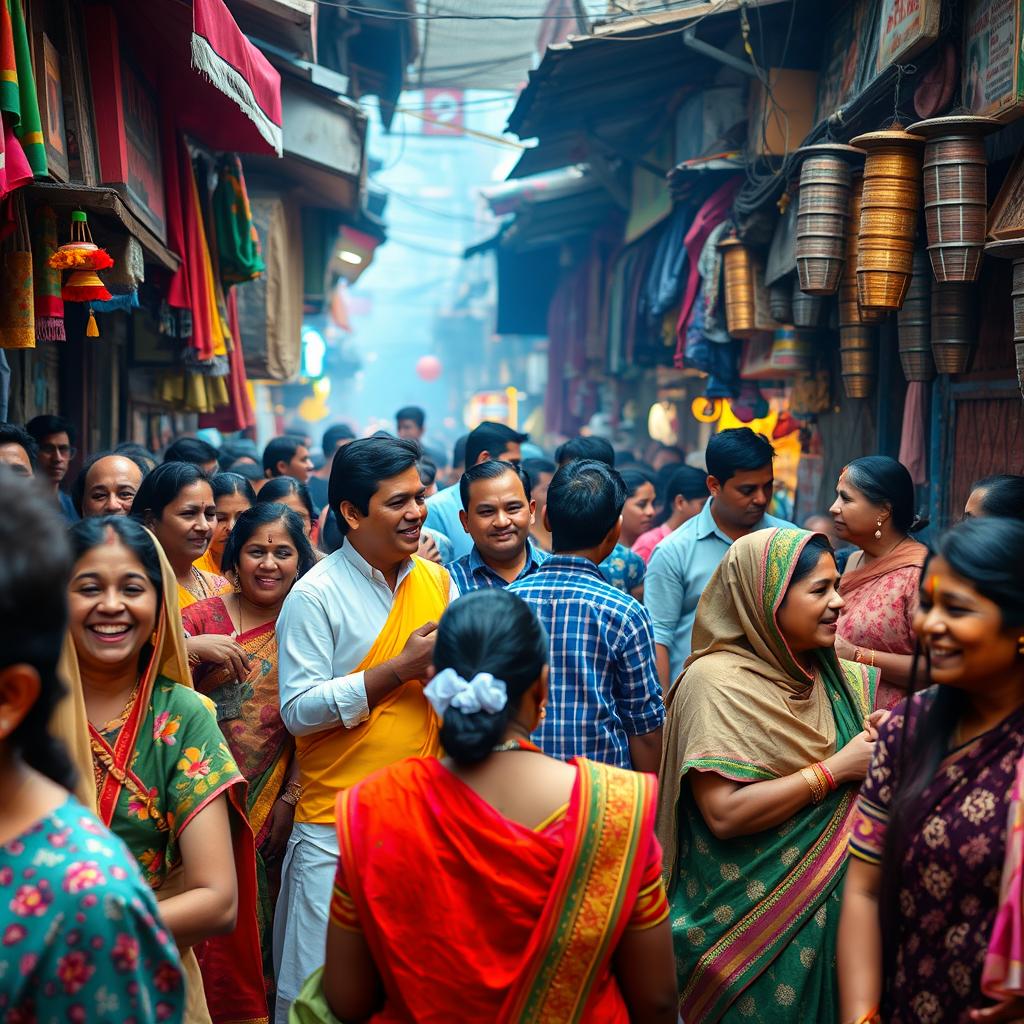 A vibrant and bustling Indian street scene showcasing cultural diversity and lively interactions