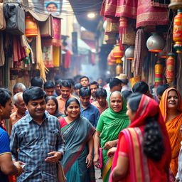 A vibrant and bustling Indian street scene showcasing cultural diversity and lively interactions