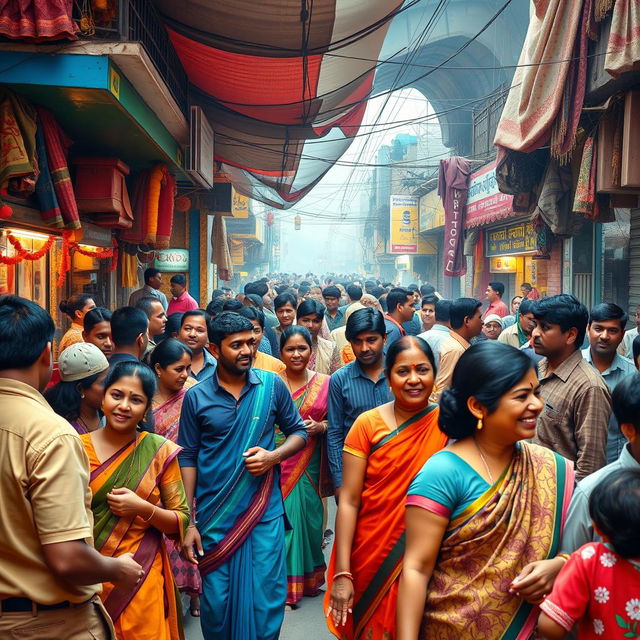 A vibrant and bustling Indian street scene showcasing cultural diversity and lively interactions