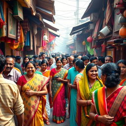 A vibrant and bustling Indian street scene showcasing cultural diversity and lively interactions