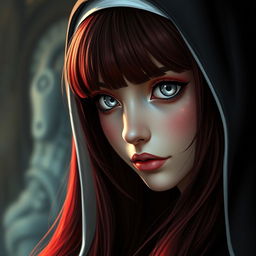 A fantasy-inspired depiction of a nun viewed from a slight distance, featuring mesmerizing silver eyes with bold black rings around the irises