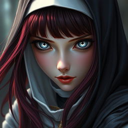 A fantasy-inspired depiction of a nun viewed from a slight distance, featuring mesmerizing silver eyes with bold black rings around the irises