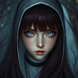 A fantasy-inspired depiction of a nun viewed from a slight distance, featuring mesmerizing silver eyes with bold black rings around the irises