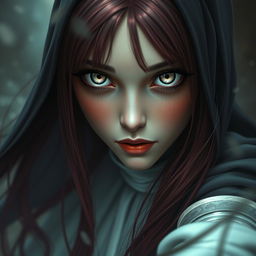 A fantasy-inspired depiction of a nun viewed from a slight distance, featuring mesmerizing silver eyes with bold black rings around the irises