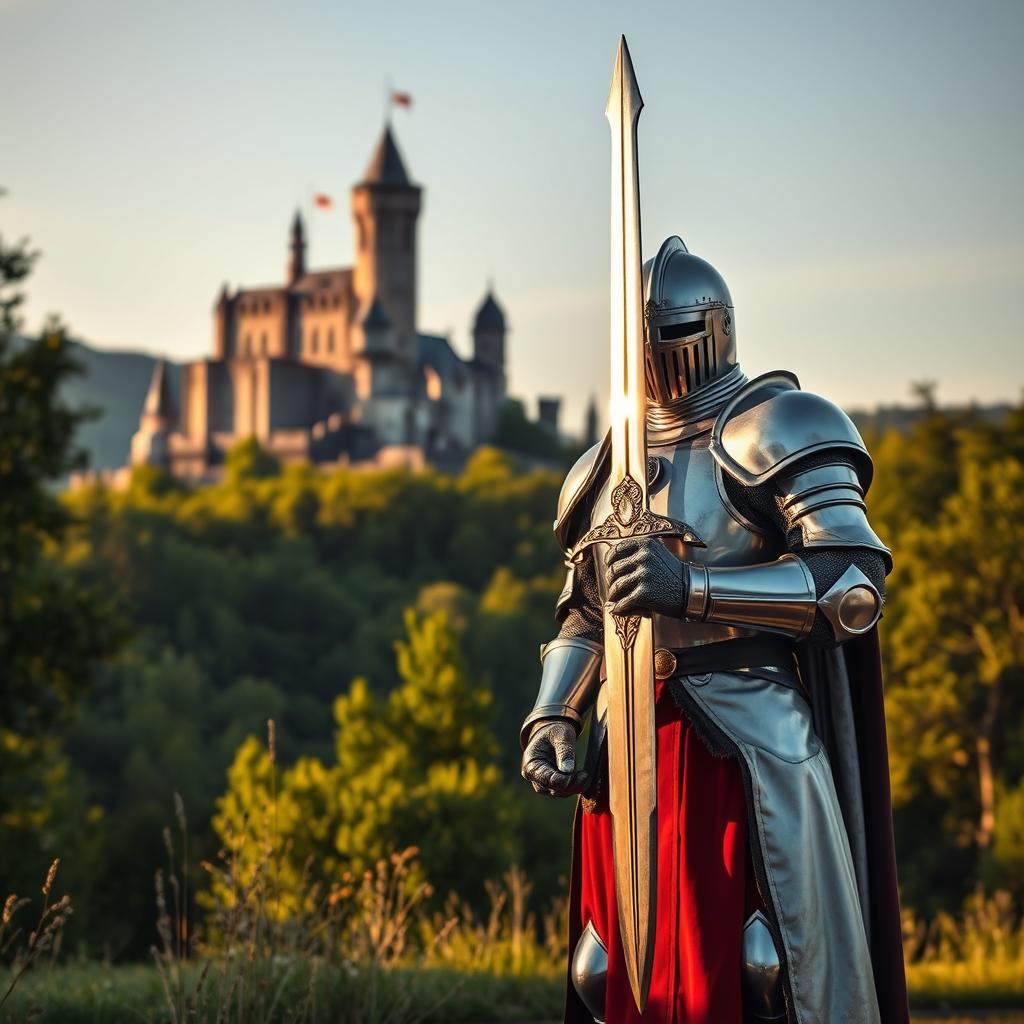 A valiant knight in shining armor standing proudly in a lush medieval landscape