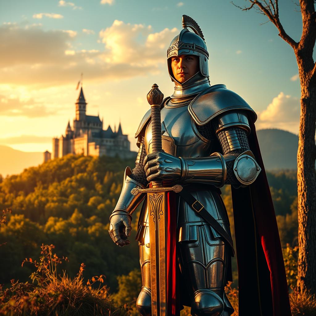 A valiant knight in shining armor standing proudly in a lush medieval landscape