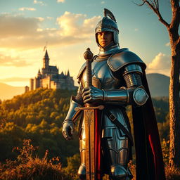 A valiant knight in shining armor standing proudly in a lush medieval landscape