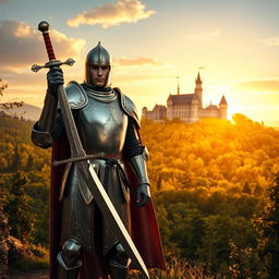 A valiant knight in shining armor standing proudly in a lush medieval landscape