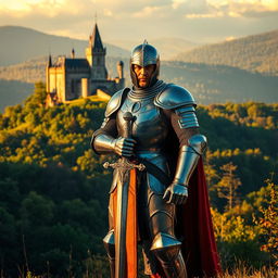 A valiant knight in shining armor standing proudly in a lush medieval landscape