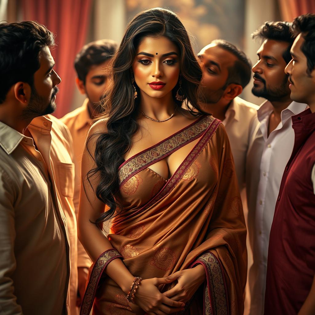 A seductive and alluring scene featuring a captivating Indian woman in a beautifully draped saree, gracefully showcasing her natural elegance and sensuality