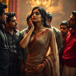 A seductive and alluring scene featuring a captivating Indian woman in a beautifully draped saree, gracefully showcasing her natural elegance and sensuality