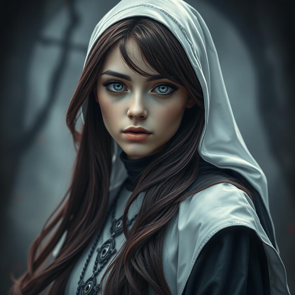 Fantasy-themed full-body shot of a nun with enchanting silver eyes, accented by black rings around the irises