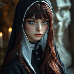 Fantasy-themed full-body shot of a nun with enchanting silver eyes, accented by black rings around the irises