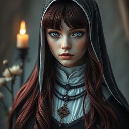 Fantasy-themed full-body shot of a nun with enchanting silver eyes, accented by black rings around the irises