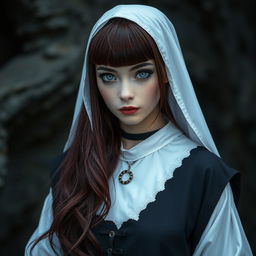 Fantasy-themed full-body shot of a nun with enchanting silver eyes, accented by black rings around the irises