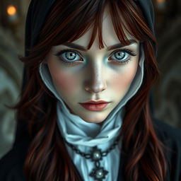 Fantasy-inspired full body shot of a nun with mesmerizing silver eyes enhanced by black rings around the irises