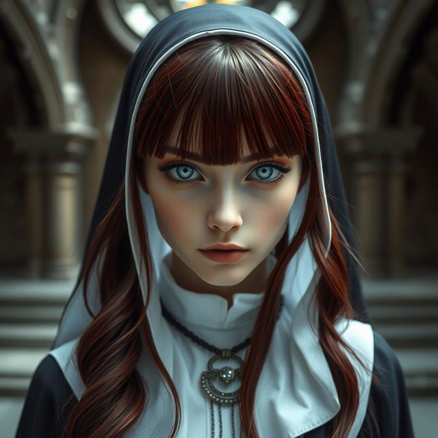 Fantasy-inspired full body shot of a nun with mesmerizing silver eyes enhanced by black rings around the irises